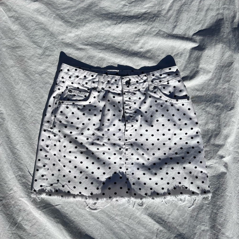 Topshop Moto Denim Skirt White with Polka Dots